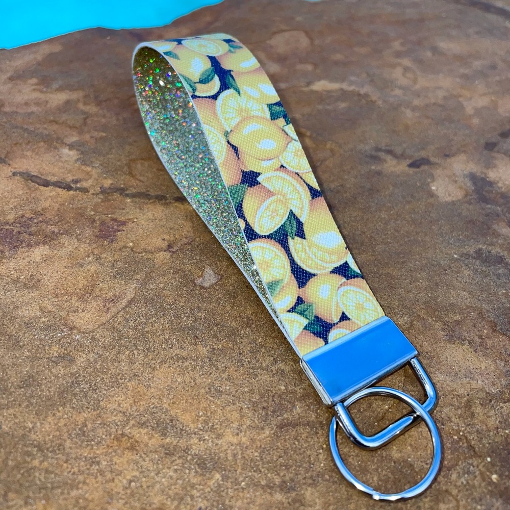 Lemon Glitter Keychain Key Fob Wristlet